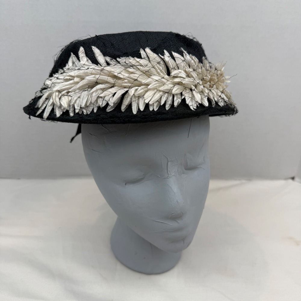 Vintage Black Straw Pillbox Hat Floral Trim Grosgrain Ribbon Bow Mid Century